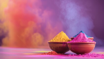 Colorful holi powder in clay bowl on purple background with copy space