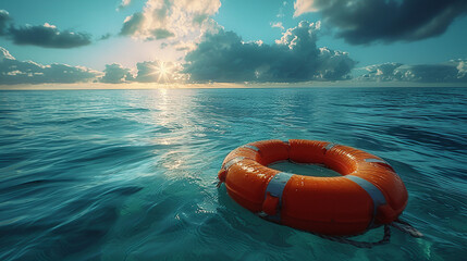 Lifebuoy floating in the open ocean - obrazy, fototapety, plakaty
