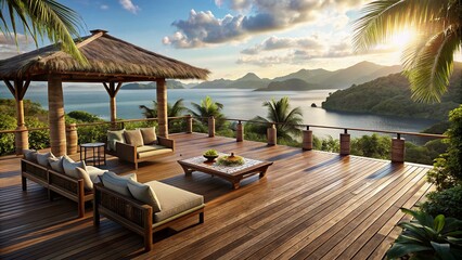 Balinese style deck overlooking the ocean and tropical islands