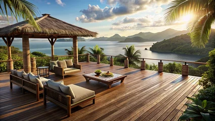 Poster Im Rahmen Balinese style deck overlooking the ocean and tropical islands © vectorize