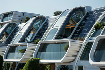 A row of white houses with solar panels on the roof. The houses are all different shapes and sizes, but they all have a similar design. The grass around the houses is lush and green