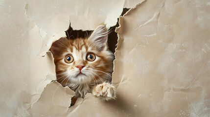 cute cat coming out of a hole in the wall