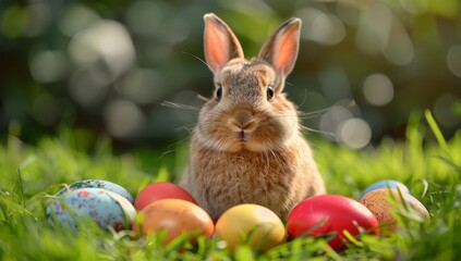 Fototapeta na wymiar A cute brown bunny sits in a lush green field, surrounded by colorful Easter eggs.