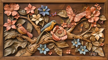 Wystrugany w drewnie  i pomalowany obraz gałęzi z liśćmi i kwiatami na której siedzą różnorodne ptaki. Scena ukazuje przyrodę w pełni wiosny, z ptakiem jako głównym bohaterem obrazu. - obrazy, fototapety, plakaty