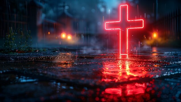 Glowing red cross on wet street at night. Christian symbols.