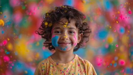 Fototapeta premium Portrait of a little girl with painted face and multicolored confetti