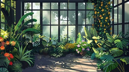 Tło na aplikacje zoom z różnymi rodzajami roślin doniczkowych z dużym oknem z wieloma ramami. © Artur