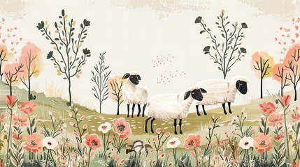 Malowidło przedstawiające trzy owce pasące się w polu pełnym kwiatów podczas wiosny. Obrazy wykonane są w realistycznym stylu.