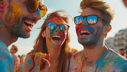 Friends covered in colorful powder celebrating Holi festival