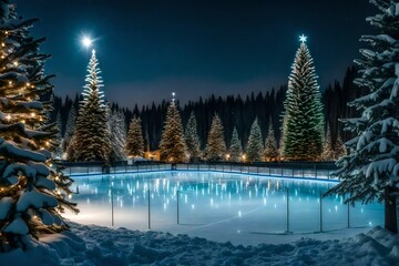 Outdoor ice rink surrounded by evergreen trees decorated with lights.