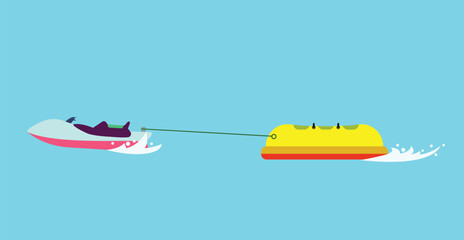 Donut boat icon. Flat vector illustration. Yellow donut boat, water sport. Water tourism.