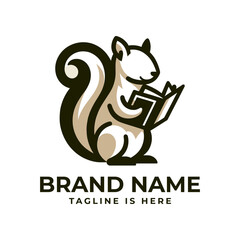 Squirrel reading book logo: Captures intellect, curiosity, and agility, blending the charm of a squirrel with the knowledge and learning associated with reading.