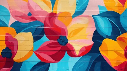 Malowidło przedstawiające kwiaty namalowane na bocznej ścianie budynku w jasnych, intensywnych kolorach, które przyciągają uwagę.