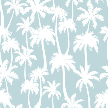 Palm trees seamless pattern. Vector white tropical jungle texture on grey background. Abstract palm silhouettes summer print for textile, exotic wallpapers, wrapping, fabric