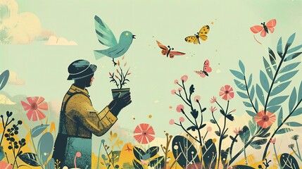 Mężczyzna stoi w kolorowym polu pełnym kwiatów wiosennych, otoczony zielenią roślin. Dba on o naturę. Jego postać stanowi centralny punkt kompozycji. Ptak i motyle szczęśliwie latają wokoło niego. - obrazy, fototapety, plakaty