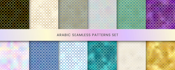 Traditional Islamic seamless patterns set. Green, gold, blue, white, holographic Turkish backgrounds. Mosque window golden gradient grid mosaic texture