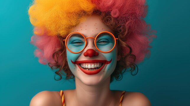 portrait of a cute laughing girl with clown makeup