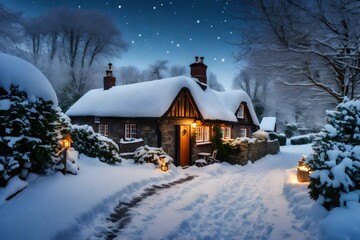 A snow-covered road leads to a nice vacation cottage with a burning hearth.