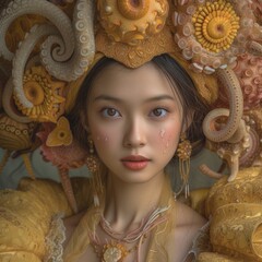 portrait of a pretty girl on an octopus head