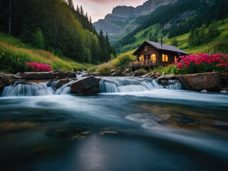 beautiful landscape with mountains and river, paradise view of landscape with cabin