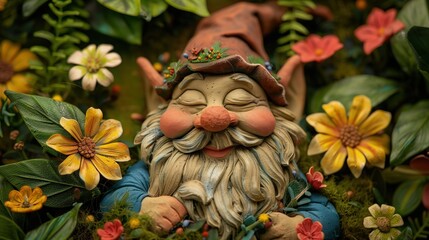 Pomnik krasnala ogrodowego z uśmiechem, wąsem i brodą oraz czapką czerwoną, otoczony kwiatami...