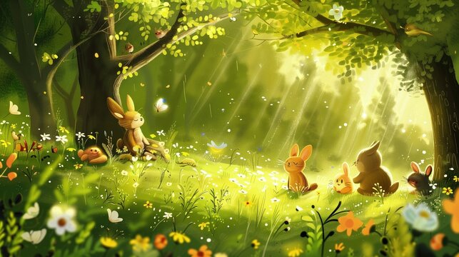 Fototapeta Obraz przedstawia króliki w lesie wiosną. Zające spędzają szczęśliwie czas ze sobą w promieniach słońca. Tło to gęste drzewa i słońce.