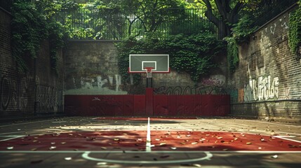 An empty basketball hoop under the shade of trees