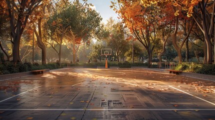An open basketball court with trees around at sunset 
