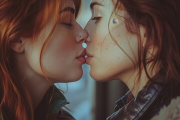 Close-up of a lesbian couple kissing
