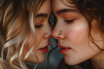Close-up of two girlfriends loving each other
