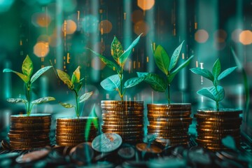 Planting trees on a coin pile, Business growth concept
