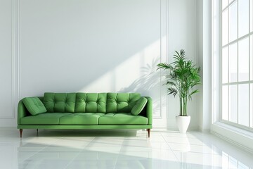 Living room with green sofa and plant, emply white wall for design and decor
