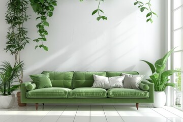 Green Sofa and Plants In White Living Room With Free Space
