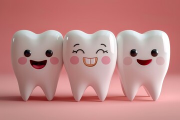 Dental health concept with happy 3d tooth characters
