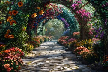 A tunnel of flowers is lined up along a walkway.
