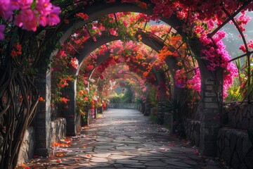 Footpath under a beautiful arch of flowers and plants.
