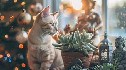 Cymric cat welcoming winter solstice jade plant in the grip of a polar vortex