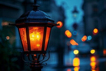 Close up shot of a street lamp on dark blue sky at night
