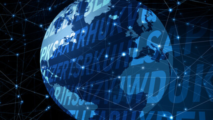 Lettering and world globe artistic composition of chaotic, encrypted, and unpredictable alphabet letters creating modern typography pattern for visual communication and education