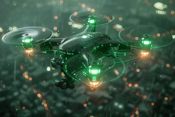 Fotobehang A drone on a uniform dark green background in robotic style with ice lights and wires. Dark key. © artdolgov