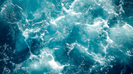 Blue sea water with foam and waves close up. Natural background.
