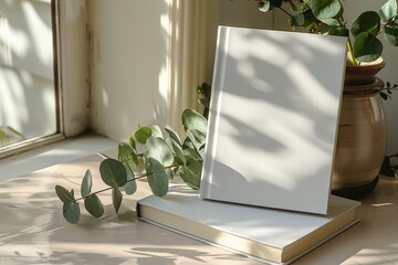 Blank book model with leaves, notebook mockup, mockup on nature background