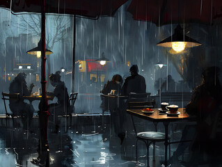 A moody depiction of a rainy day cafe scene