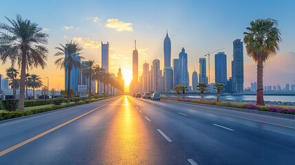 Dubai downtown skyline at sunset