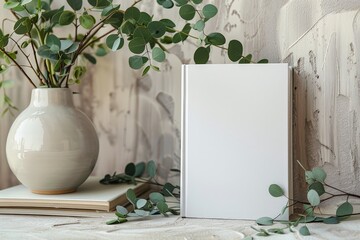 Blank book model with potted plant, notebook mockup, mockup on nature background