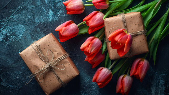 a small present and tulips, mother's day background, elegant and minimal, copy space