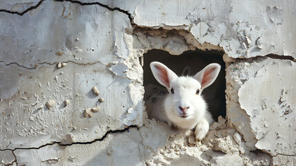 sheep coming out of the cracked hole in the wall