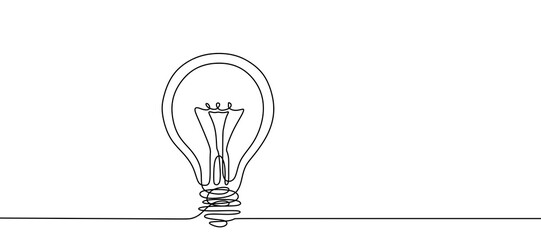 Continuous one line drawing of electric light bulb. Concept of idea emergence. Vector illustration.	
