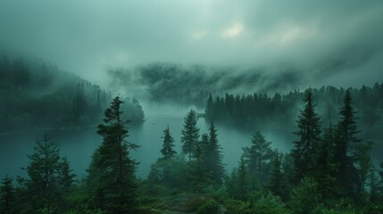 Misty dark green forest