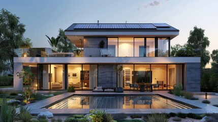 Modern villa not naturally hung with solar panels